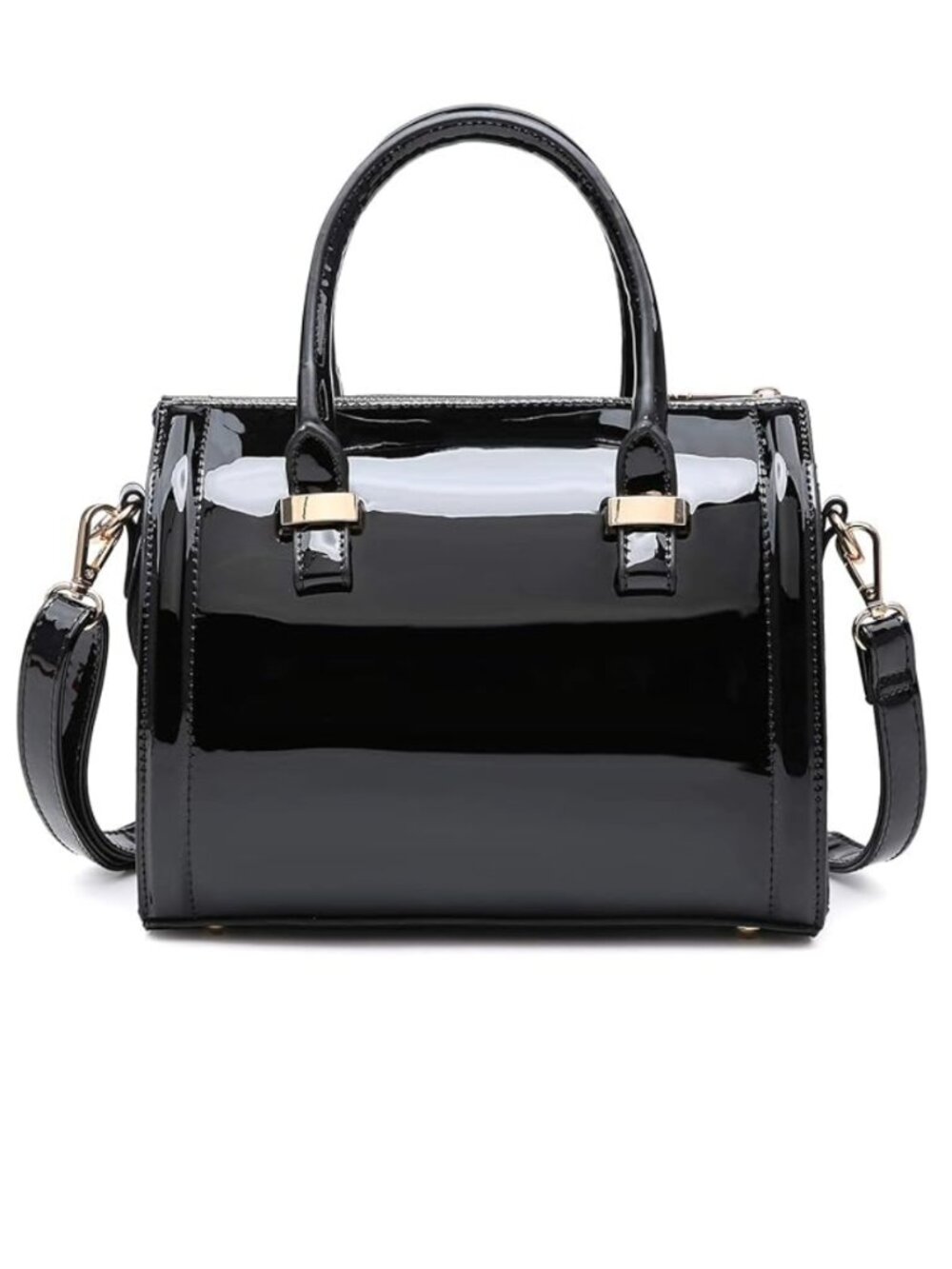 Women's Shiny Patent Faux Leather Handbag Barrel Top Handle, BLACK